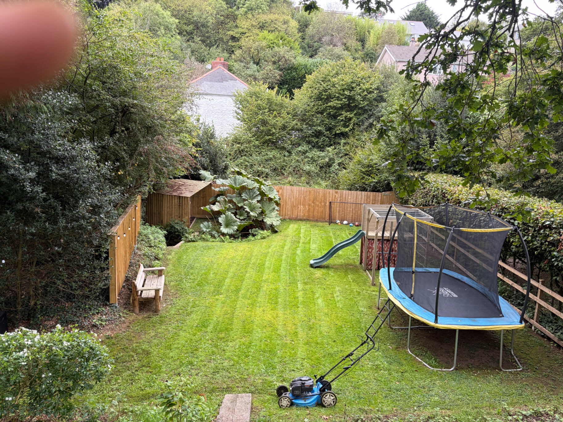 Freshly mown domestic back garden with the mower in place